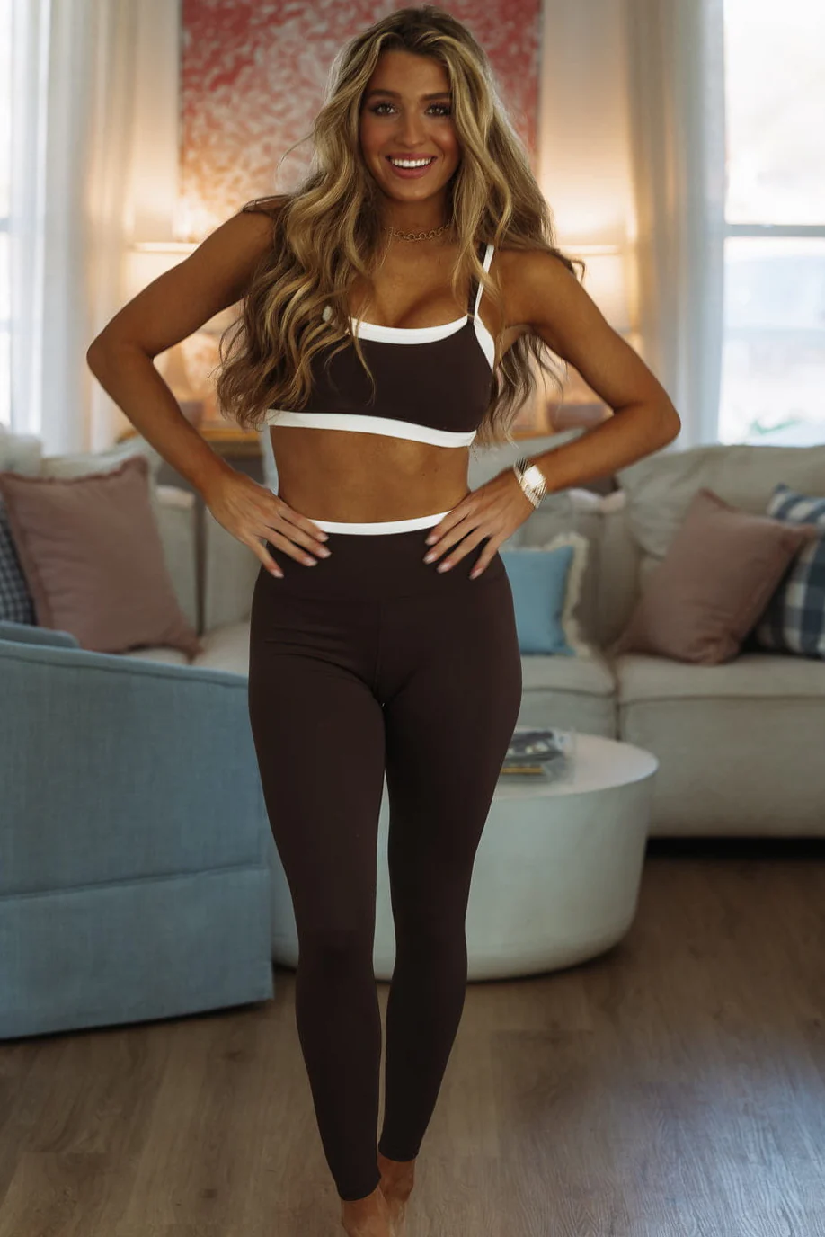 Accent Contrast Blinding Legging - Dark Brown and White