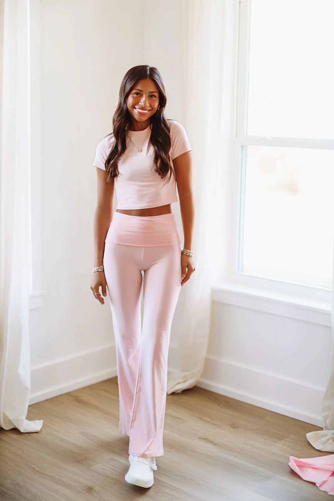 Barre Class Foldover Flare Yoga Pants - Light Pink - Image 2