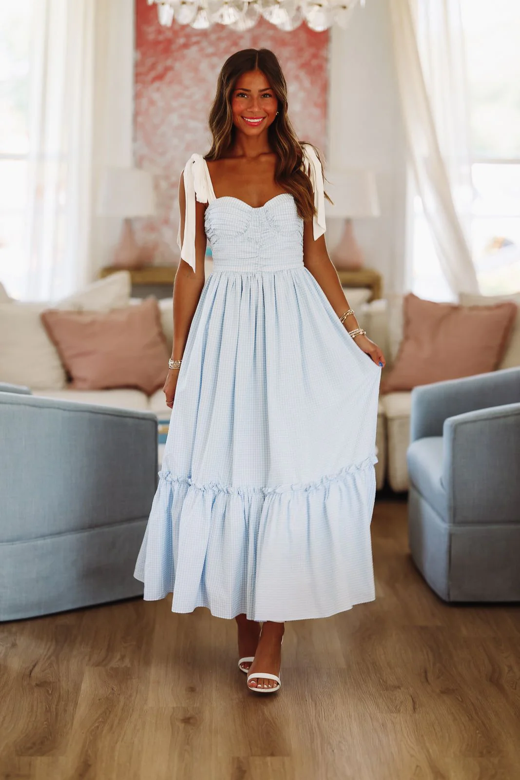 Beneath the Beach House Lights Midi Dress - Blue and White - Image 4