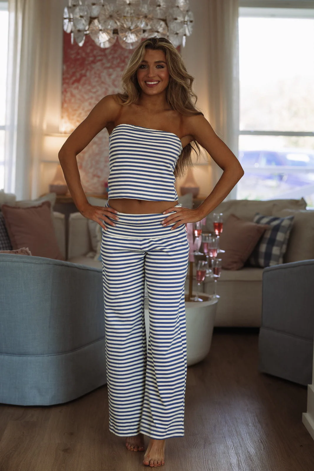 Candy Stripes Fold Over Sweatpants - Blue and Ivory - Image 2