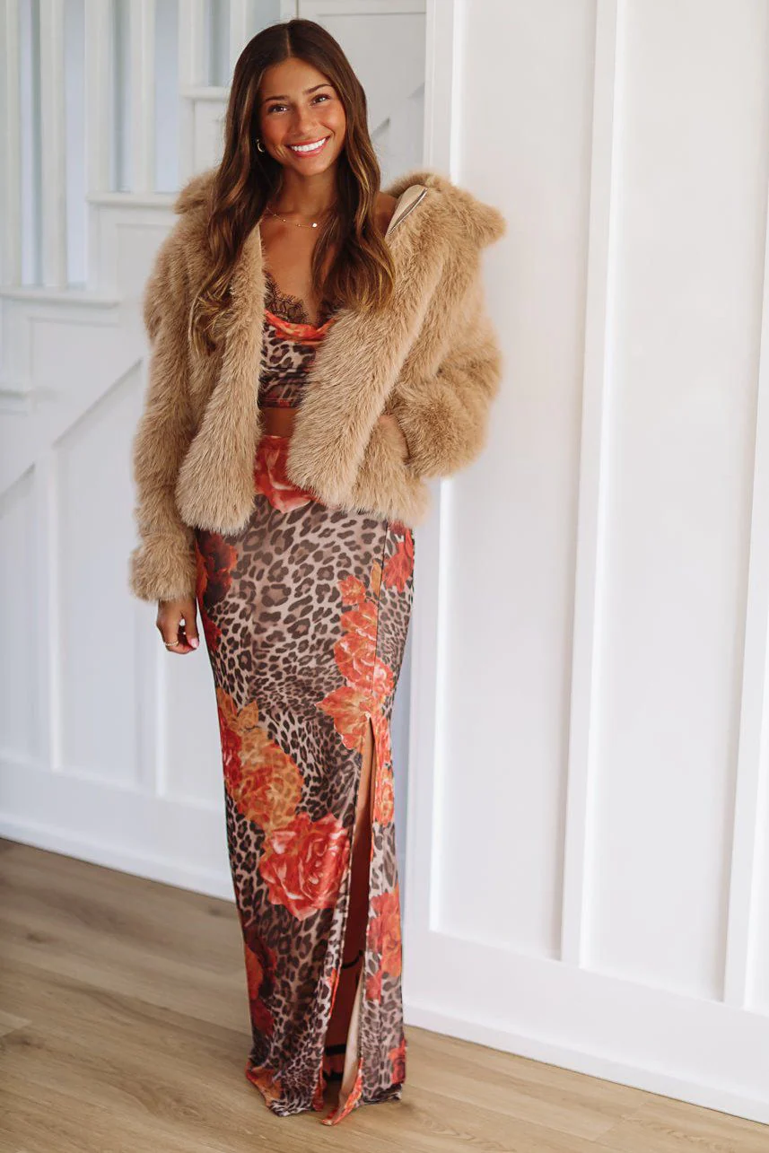 Cat's Out of the Bag Crop Top and Maxi Skirt Set - Brown - Image 3