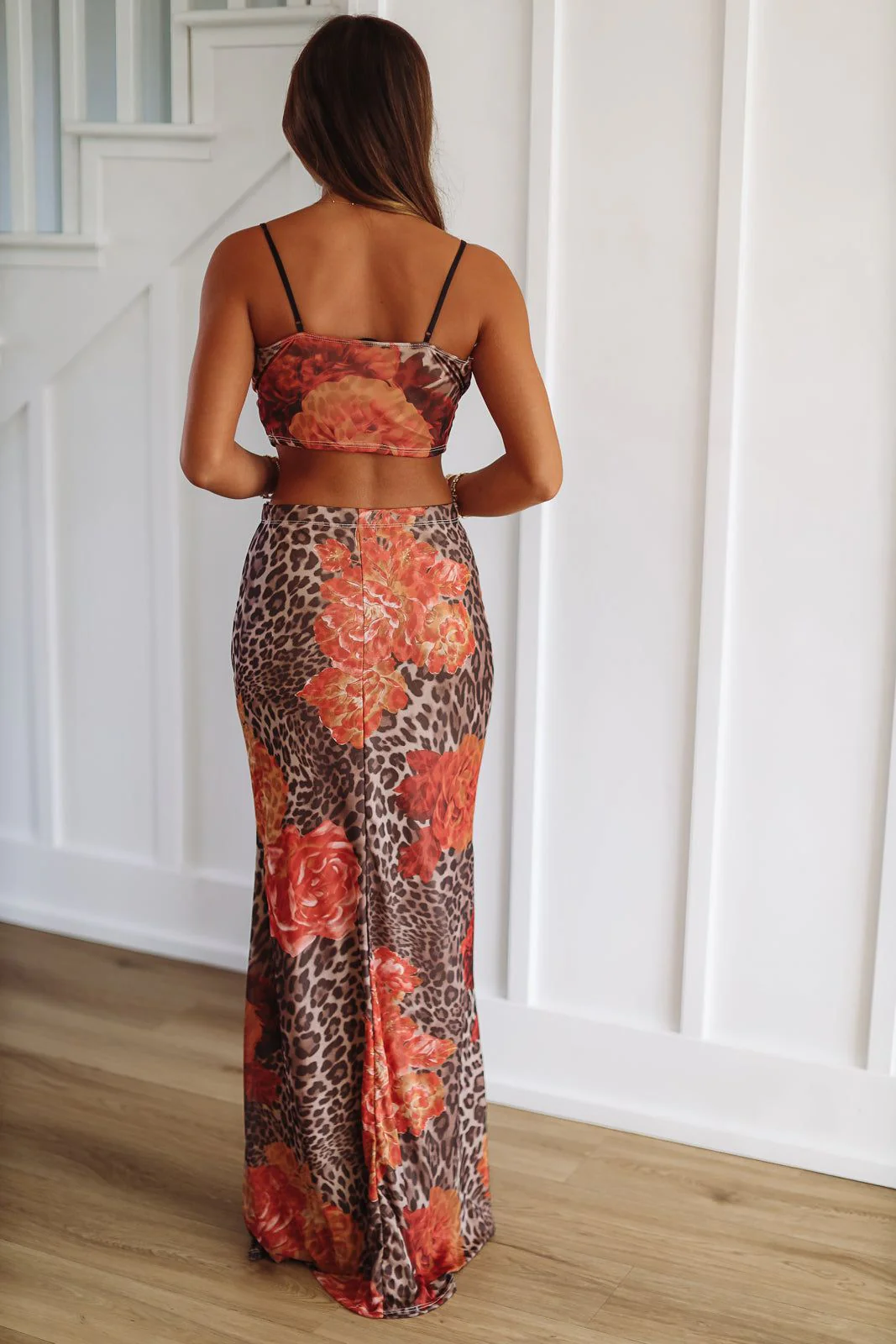 Cat's Out of the Bag Crop Top and Maxi Skirt Set - Brown - Image 4