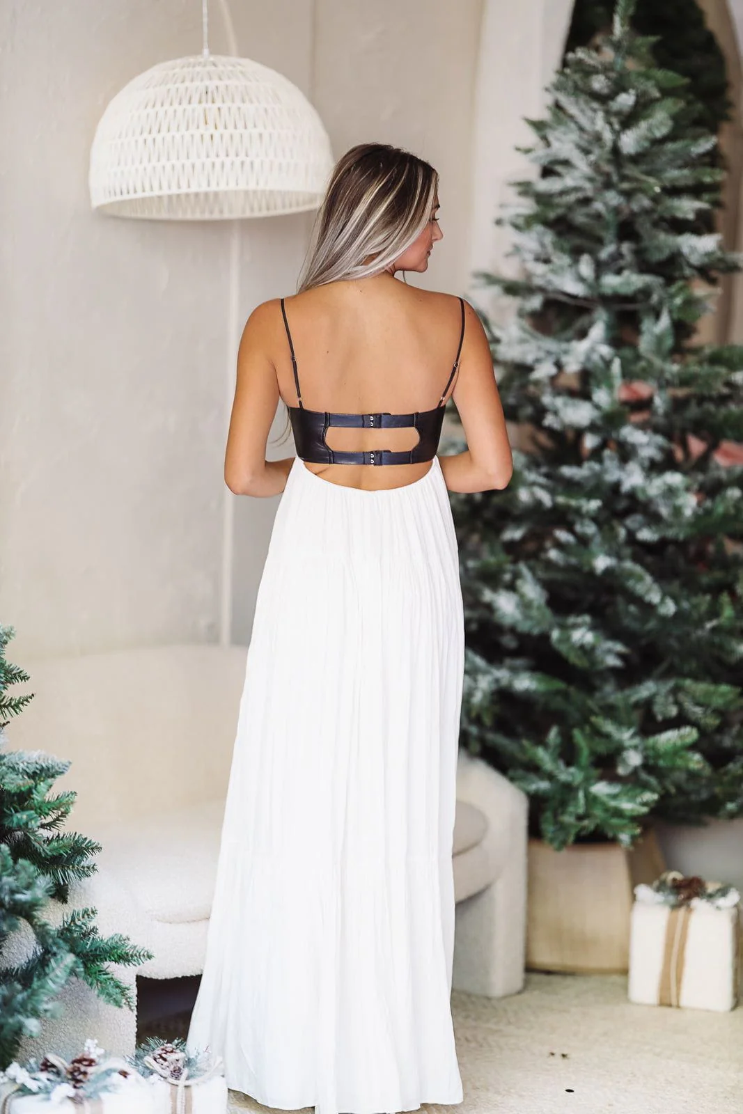 Caviar Dreams Maxi Dress - Ivory and Vegan Black Leather - Image 7
