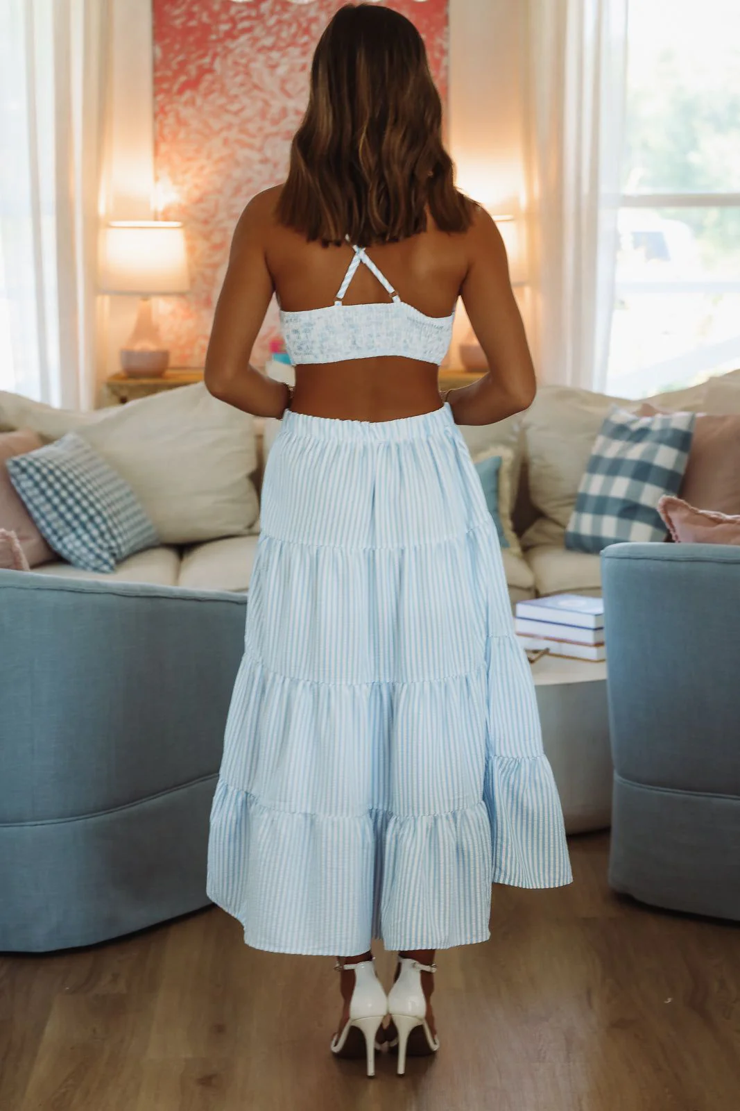 Classic Stripes Bustier Bra Top - Light Blue and White - Image 2