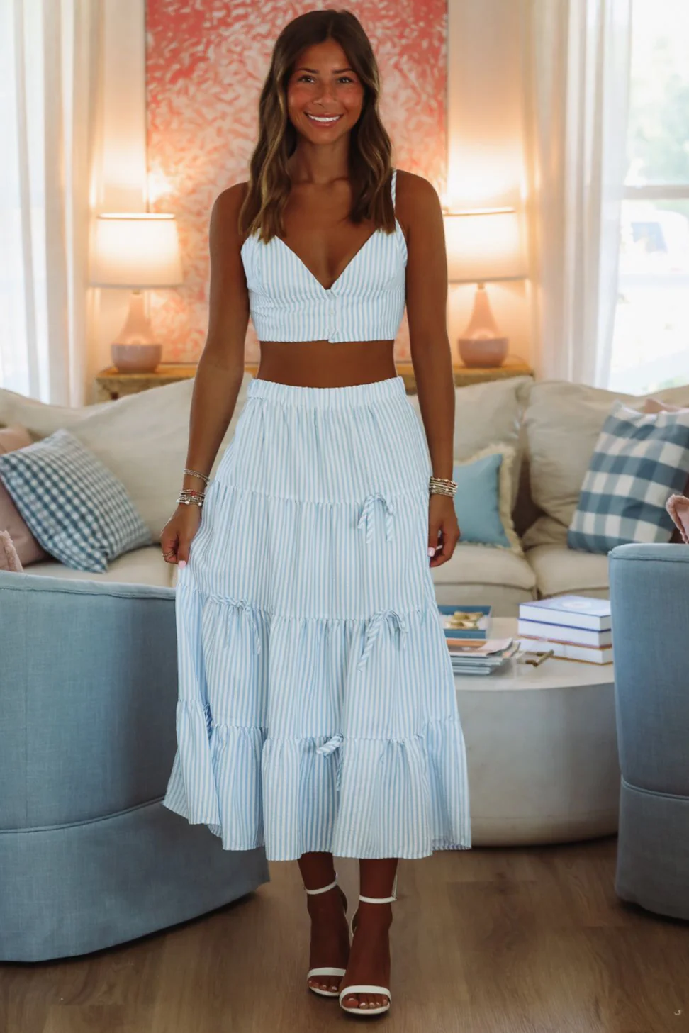 Classic Stripes Maxi Skirt - Light Blue and White