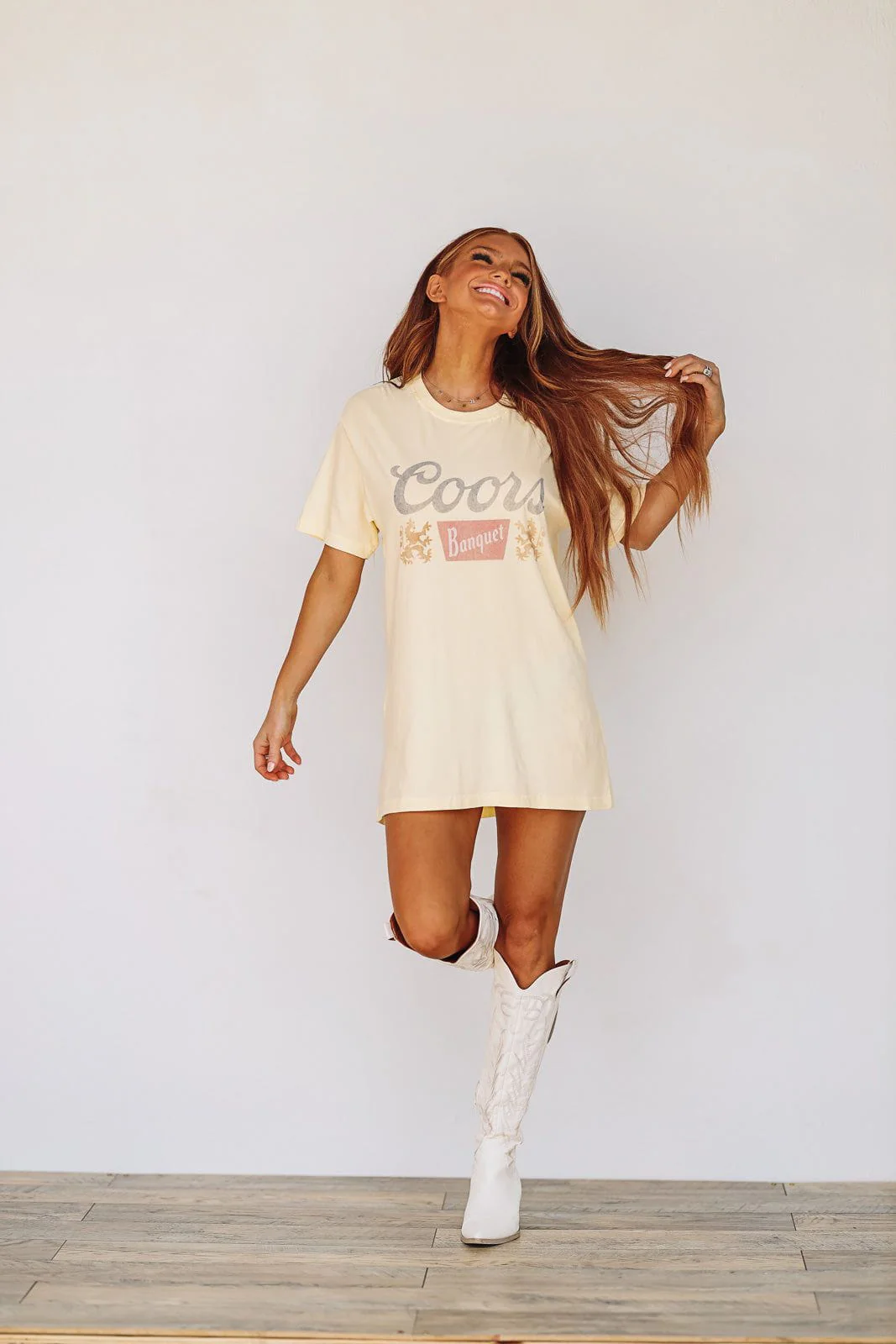 Coors Banquet Graphic Tee / T-shirt Dress - Muted Yellow - Image 4