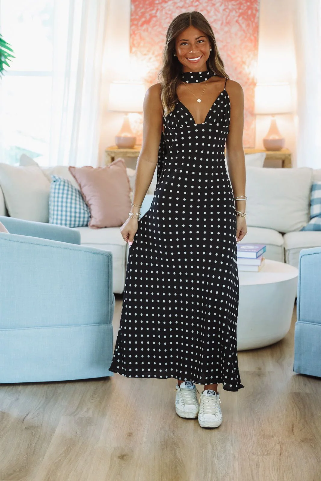 Dot and Drape Maxi Dress - Black and White - Image 3