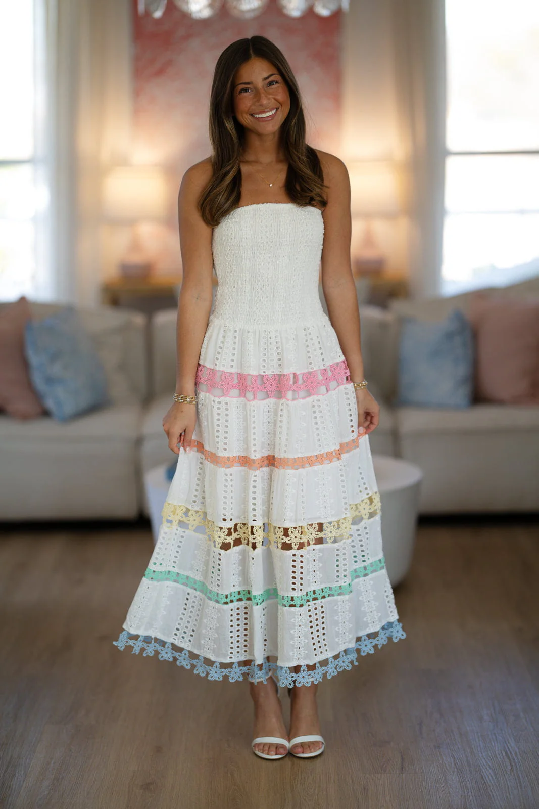 Early Evening Midi Dress - White, Pink, Orange, Green and Blue - Image 2