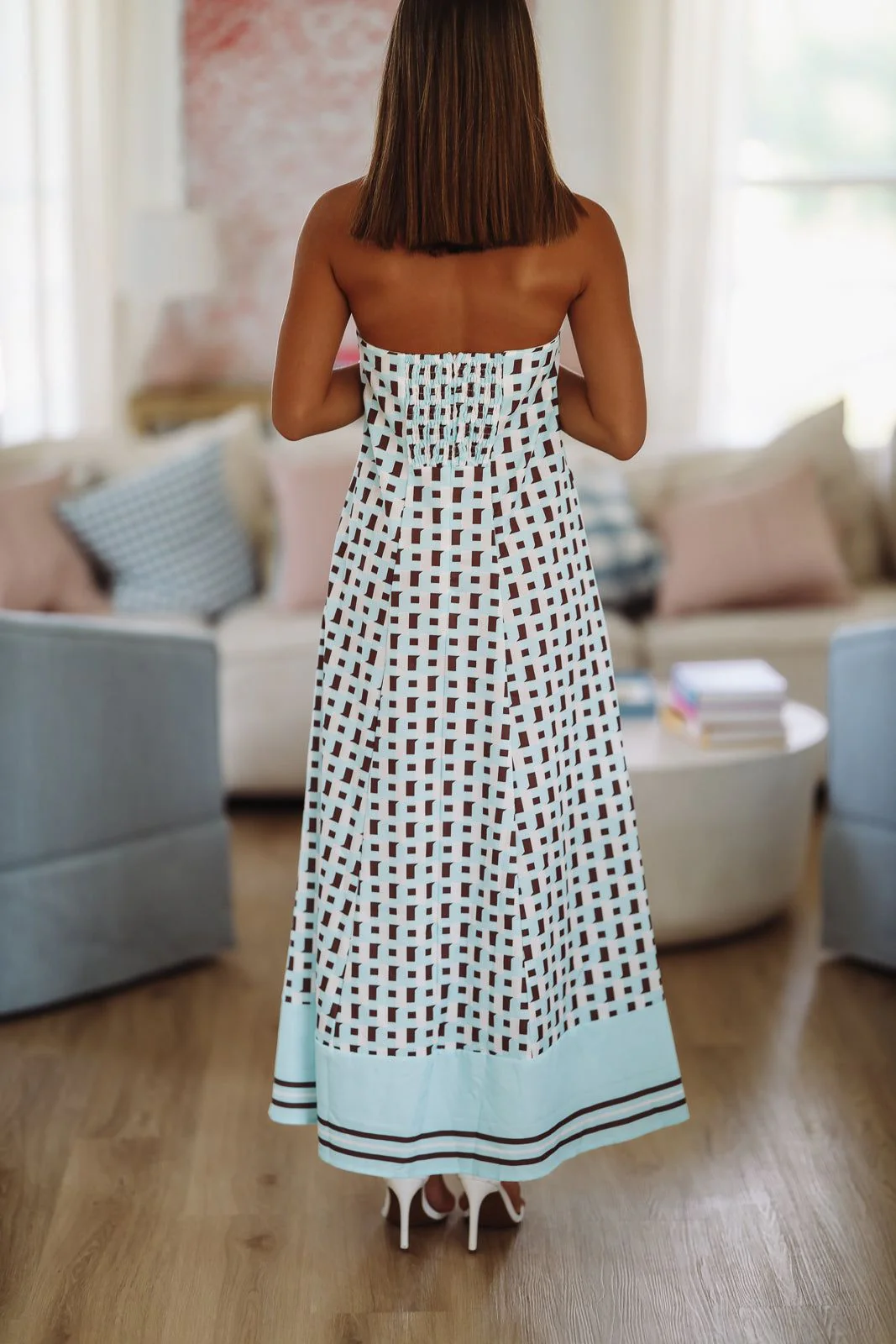 Eye Catcher Printed Strapless Maxi Dress - Brown and Light Blue - Image 3