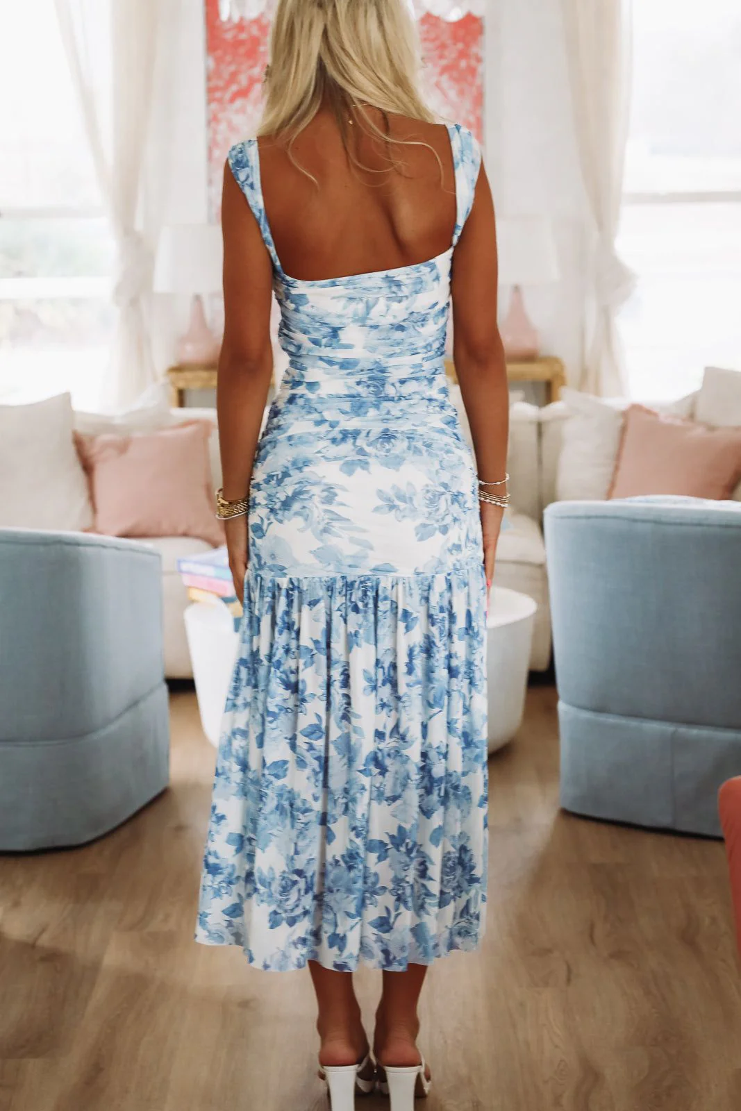 Frill and Fancy Maxi Dress - Cream and Blue - Image 3