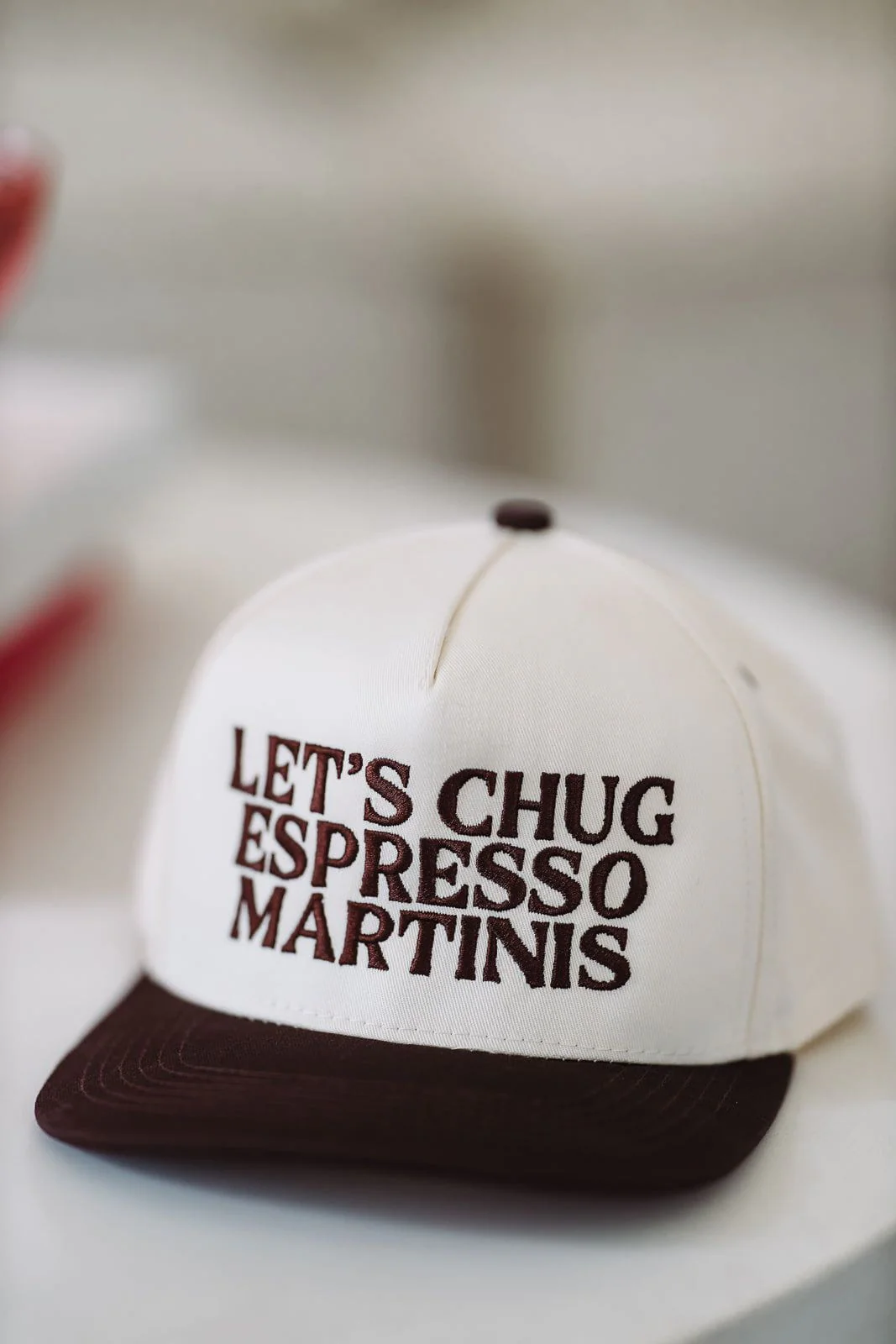 Let's Chug Espresso Martinis Two Toned Snapback Hat - Beige and Brown