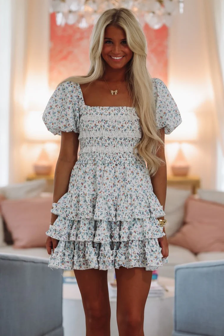 Magic in Spring Mini Dress - Blue, Pink and Red