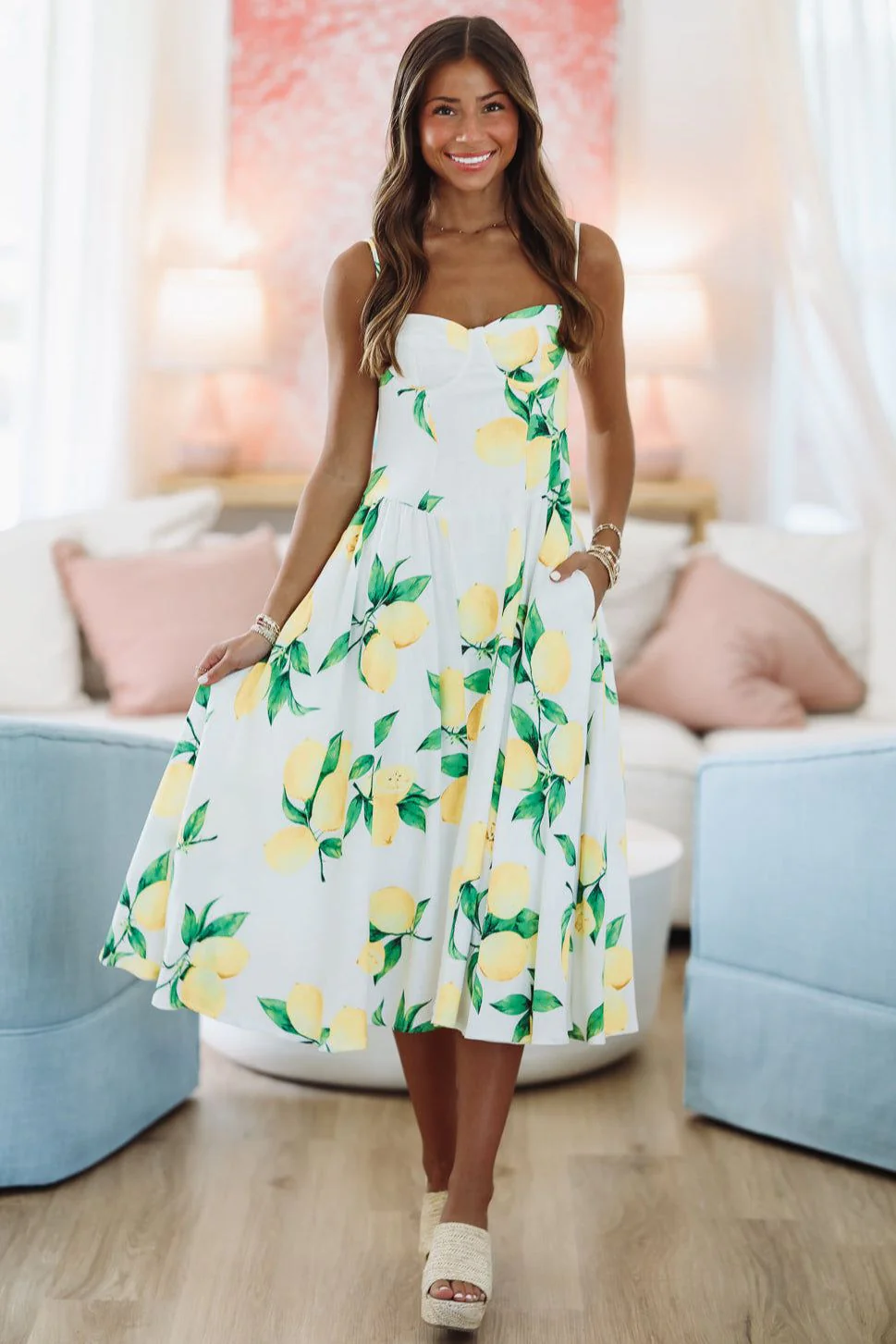 Paloma Midi Dress - White, Yellow and Green