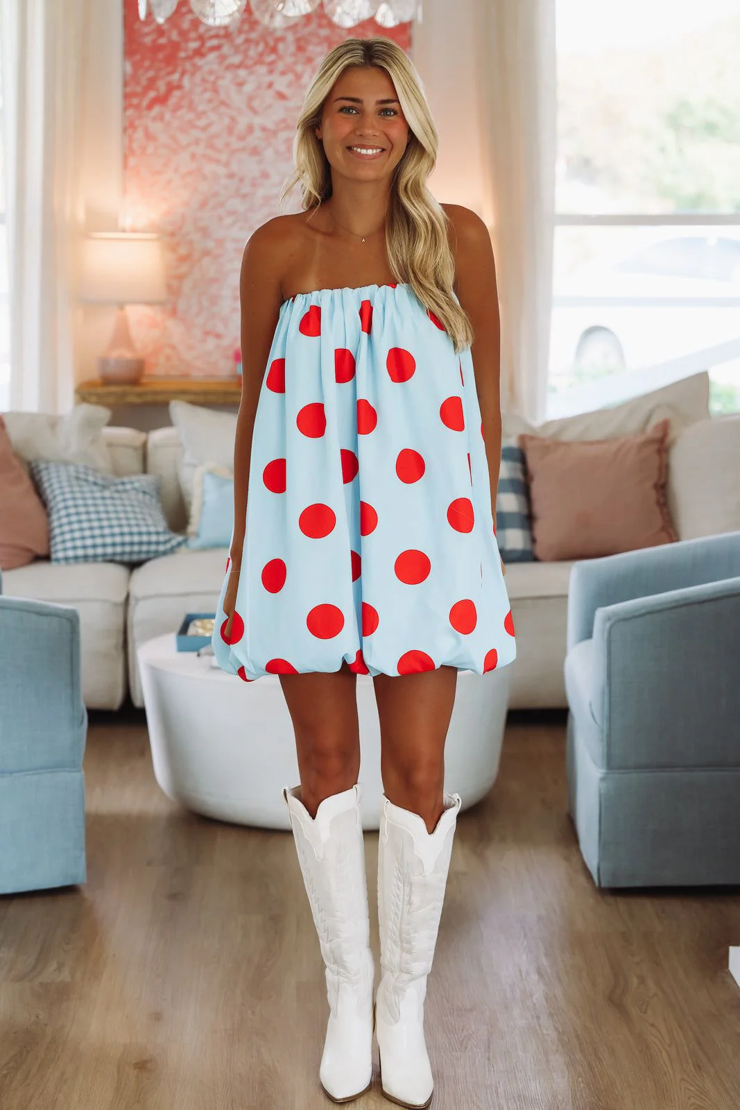 Pardon My Dots Mini Dress - Light Blue and Red - Image 3