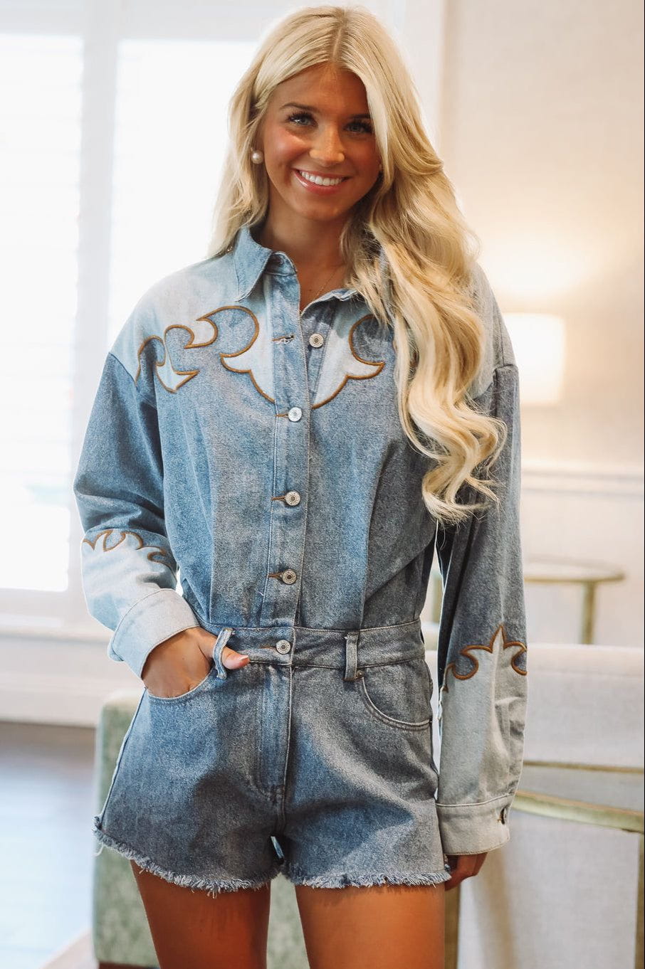 Saddle Stitch Denim  Romper - Denim  (FINAL SALE)