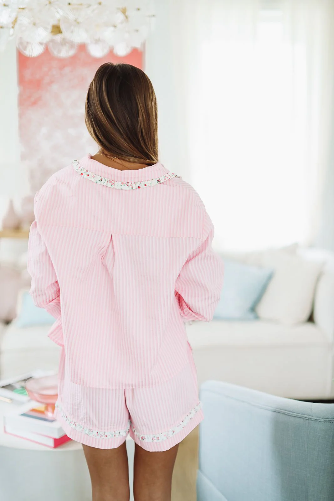Seersucker and Floral Short and Top Pajama Set - Pink and White - Image 5
