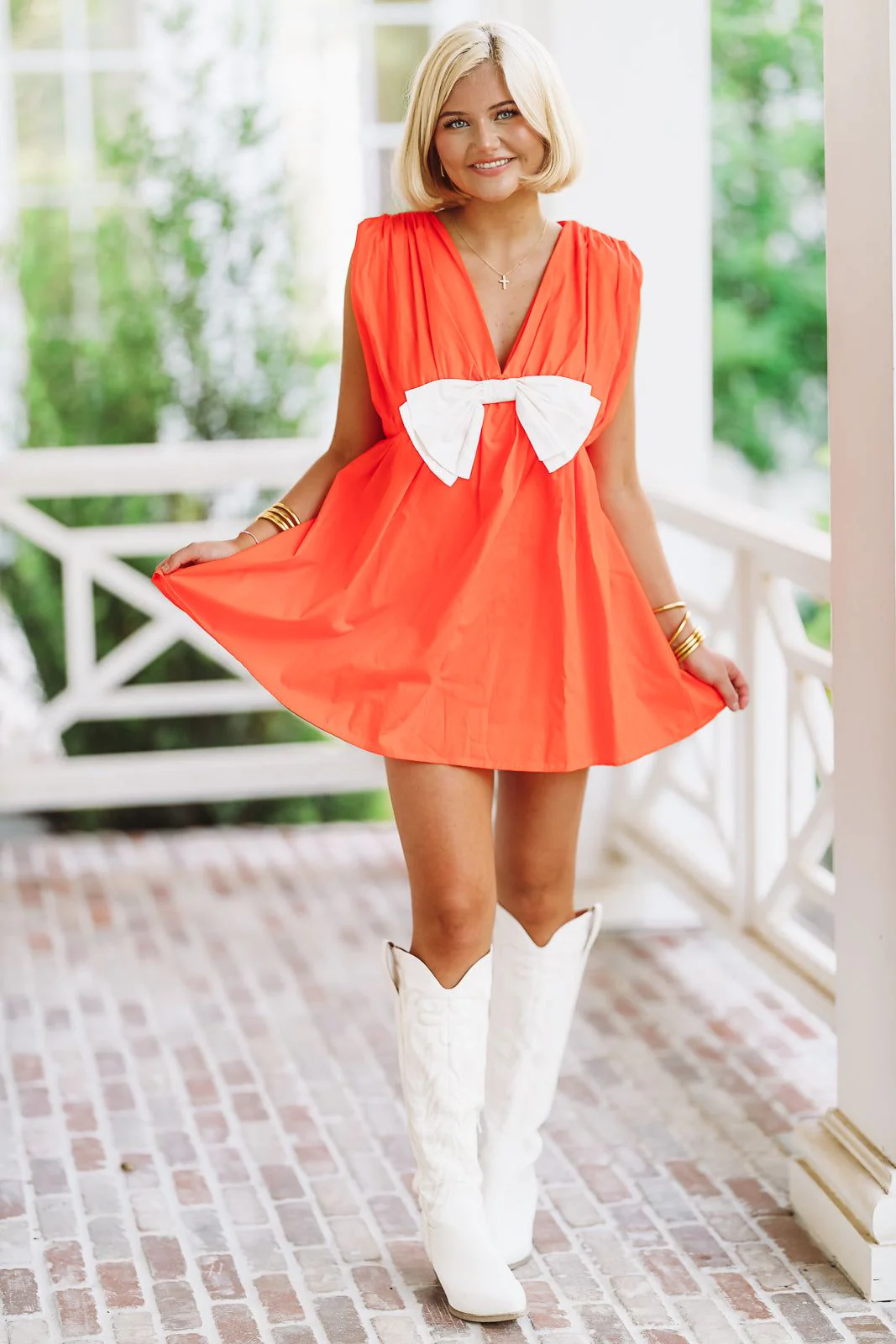 The Bow Poplin Mini Romper Dress - Orange and White - Image 2