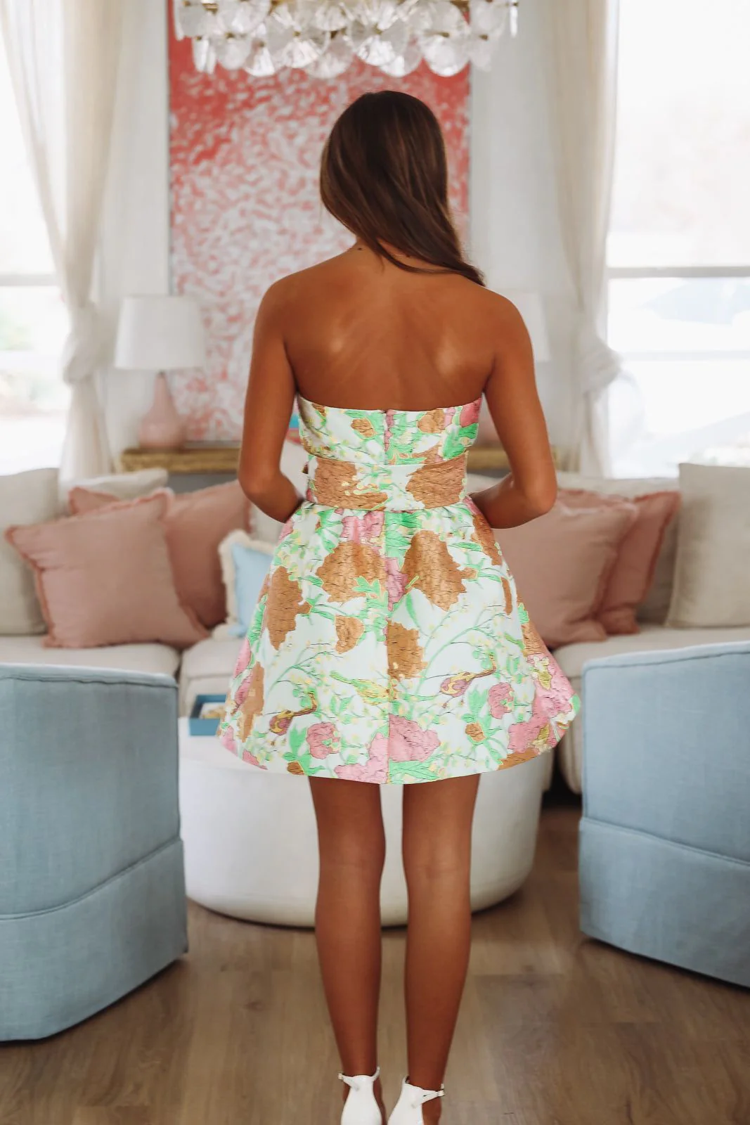 Victorian Garden Mini Dress - Light Sage, Pink and Orange - Image 3