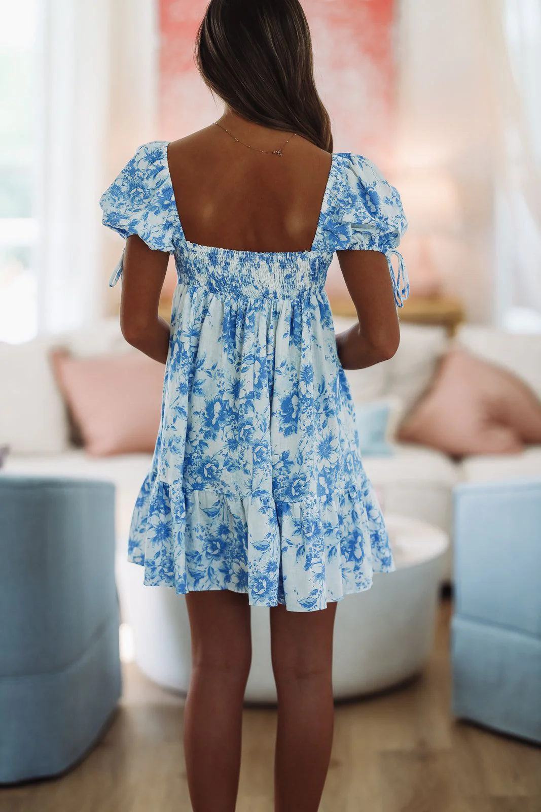 When You Think of Me Babydoll Mini Dress - Blue and White Floral Print - Image 4